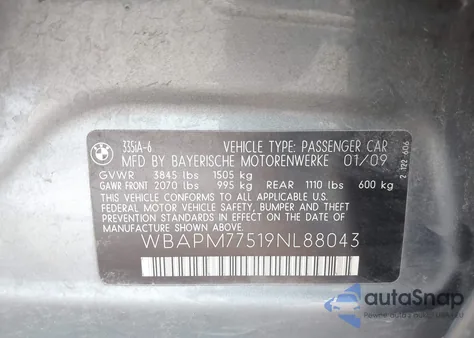 2009 BMW 335I z USA, uszkodzony, nr VIN WBAPM77519NL88043